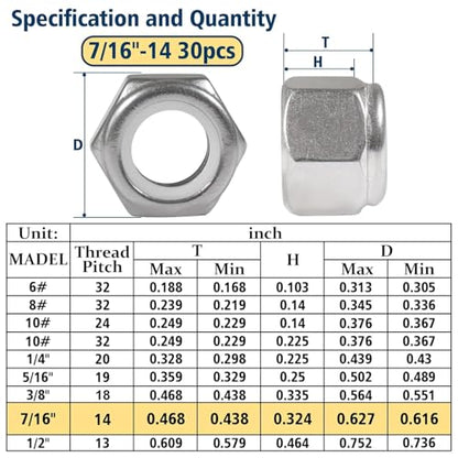 7/16-14 Lock Nut, 30Pcs Stainless Steel Nylock Insert Locking Nuts - size: 7/16"-14, 30 Pack