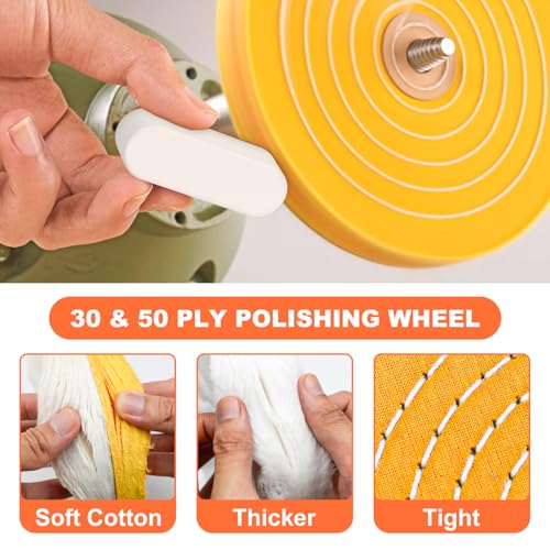 8 Pack 6 Inch Polishing Wheel for Bench Grinder, 1/2" Arbor Hole, Include 1 Denim Wheel, 1 Yellow Cotton, 2 White Cotton Polish Wheels, 1 Soft Flannel Buffing Wheel& 3 Polishing Compound
