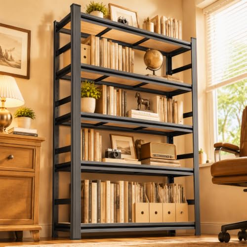 Bolt-Free Metal Bookshelf, Adjustable Tall Bookcase with Anti-Drop Fence, Heavy Duty Deep Book Shelf, Large Office Bookshelf, Modern Storage Shelves for Bedroom, LivingRoom, Garage - size: 5-Tier 36"W x16"D x71"H