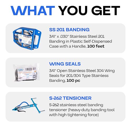 IDL Packaging 3/4" Stainless Steel 201 Banding Kit - Heavy-Duty Banding Tool + 3/4" x 0.03" x 100' Stainless Steel 201 Banding Coil + 100 Stainless Steel Wing Seals - size: 3/4" x 0.03" x 100', style: SS 201 + Seals