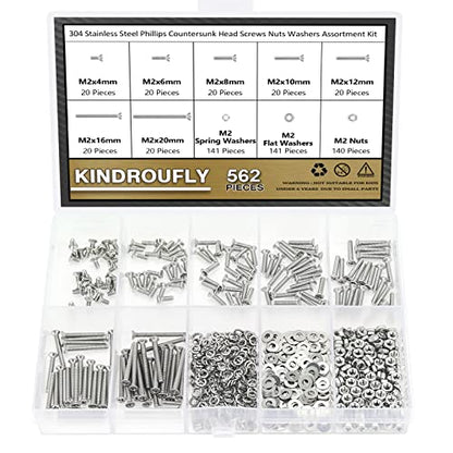562 Pieces M2 x 4/6 /8/10 /12/16 /20mm Phillips Countersunk Head Machine Screws Nuts Washers Assortment Kit, 304 Stainless Steel, Fully Machine Thread - size: M2, style: Phillips Countersunk Head