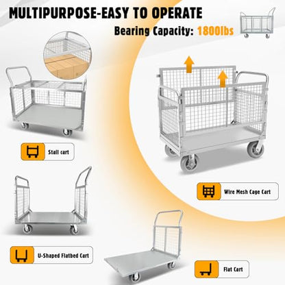Platform Truck Cart with Cage, Multipurpose 6 in1 Foldable Flatbed Cart Heavy Duty Push Cart Dolly W/Swivel Wheels 2000lbs Capacity Utility Hand Cart for Grocery/Laundry/Stall/Storage - style: 39"x24" with High Fence