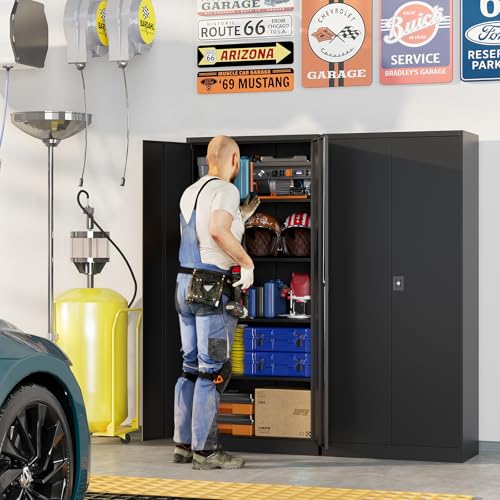 Metal Garage Cabinets with Lock, 72" H Garage Storage Cabinet with 2 Doors and 4 Adjustable Shelves, Steel Locking Caninet Tall Tool Storage Cabinets, Lockable File Cabnet for Home Office - color: Black, size: 72"H x 36"W x 18"D