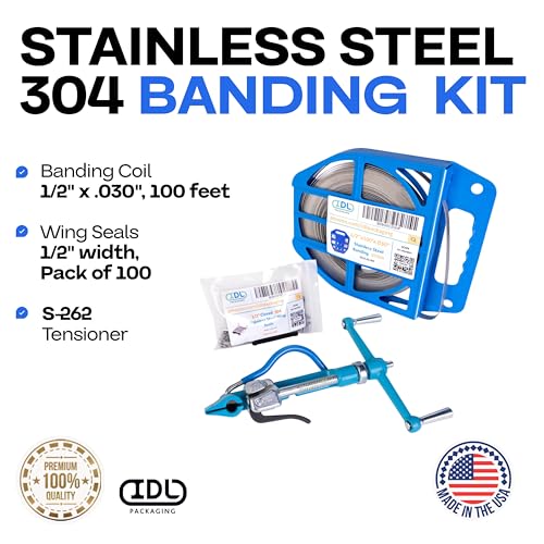 IDL Packaging 1/2" Stainless Steel 304 Banding Kit – Heavy-Duty Banding Tool + 1/2" x 0.03" x 100' Stainless Steel 304 Banding Coil + 100 Stainless Steel Wing Seals - size: 1/2" x 0.03" x 100', style: SS 304 + Seals