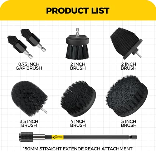Holikme 8Pc Drill Brush Set - Scrub Brushes with Extension for Home Clean - color: Black