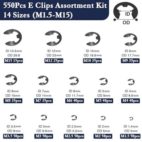 ZQZ E Clips Assortment Kit (M1.5-M15), 550 Pcs External Retaining Rings Set - color: Black, size: Black Carbon Steel 550Pcs E-clips