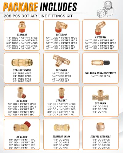 208PCS DOT Brass Air Line Fittings Kit, Push to Connect Fittings - size: 208PCS