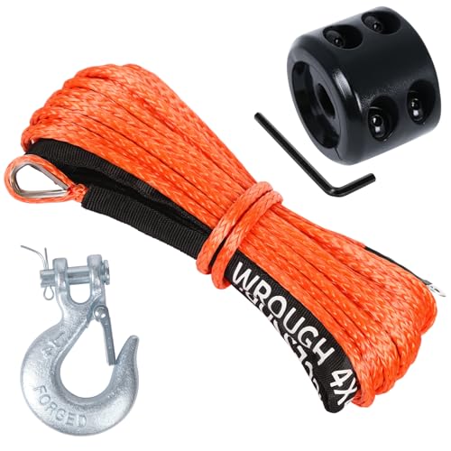 1/4" Synthetic Winch Rope 50 ft 10,000 lb UHMWPE Winch Cable Replacement Kit with Steel Hook, Rubber Stopper, Protective Sleeve, Compatible with ATV UTV Truck Winches, Orange - color: Orange, size: 1/4 In x 50 Ft with Hook