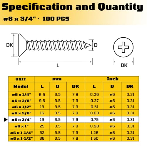 #6 x 3/4 inch Flat Head Wood Screws, 304 Stainless Steel Phillips Drywall Screws and Tapping Screws, High Hardness Screws for Drywall, Sheetrock, Wood (100 pcs) - size: #6 x 3/4"