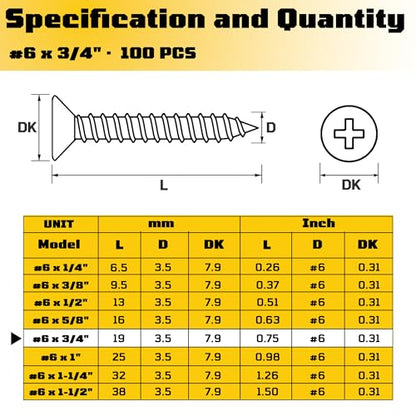 #6 x 3/4 inch Flat Head Wood Screws, 304 Stainless Steel Phillips Drywall Screws and Tapping Screws, High Hardness Screws for Drywall, Sheetrock, Wood (100 pcs) - size: #6 x 3/4"