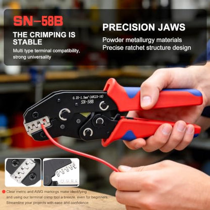 smseace 24-16 AWG Wire Crimping Tool, Ratchet Crimper Tool for Open Barrel Terminal Connectors,Electrical Terminal Crimper - color: Red