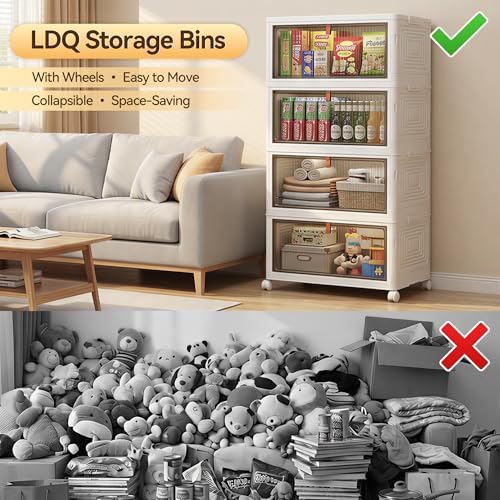 LDQ 136Qt Large Storage Bins with Lids, 4 Tier Stackable Storage Cabinet with Wheels & Clear Doors, Foldable Plastic Closet Organizer for Bedroom, Bathroom & Kitchen - size: 4 layers