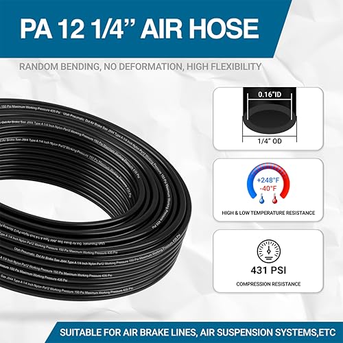 Utah Pneumatic 1/4" DOT Air Line SAE J844 PA12 Nylon Tubing, 50ft (Black) - color: Black, size: 1/4" x 50 Feet