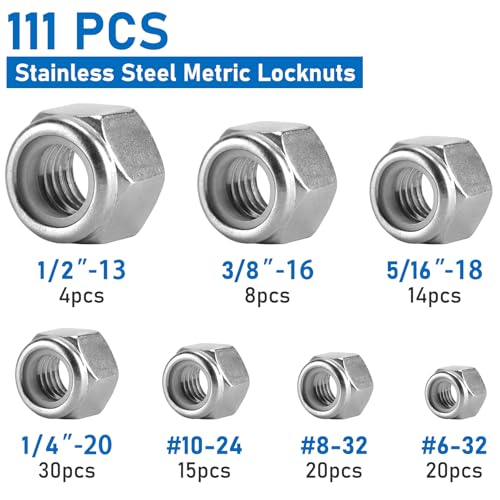 111 Pack 304 A2-70 Nylon Inset Lock Nuts, SAE - color: Silver, size: SAE