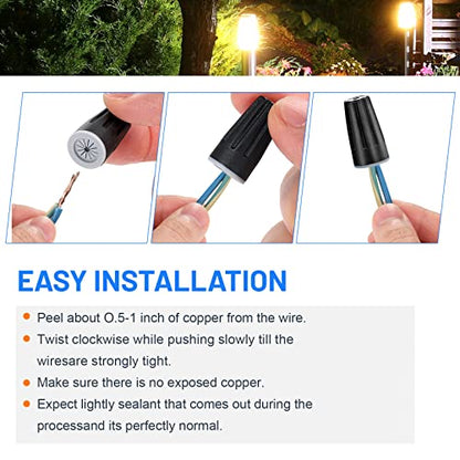 50 Pieces Waterproof Wire Electrical Connectors Black Waterproof Wire Nuts Outdoor Seal Electrical Twist Nuts Caps Cable Terminal Connector for Landscape Light, Irrigation Valves (0.93x0.47Inch)