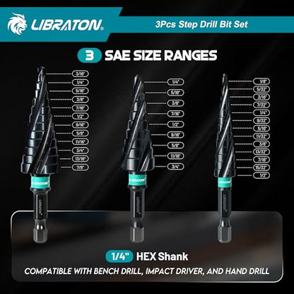 LIBRATON Four Spiral Flute Step Drill Bit Set 1/8"-7/8", M35 Step Bits - style: 1/8" - 7/8" (3pcs Set)