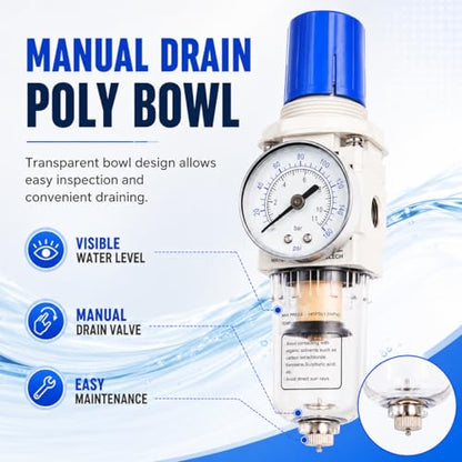 BLCH 1/4" NPT Air Compressor Regulator - Air Pressure Regulator, Air Dryer AW2000-02 Manual Drain Poly Bowl Gauge 0-160 PSI 5μm Brass - size: AW2000-02