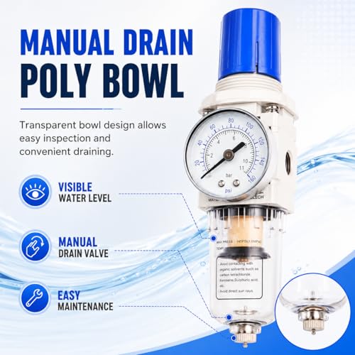 BLCH 1/4" NPT Air Compressor Regulator - Air Pressure Regulator, Air Dryer AW2000-02 Manual Drain Poly Bowl Gauge 0-160 PSI 5μm Brass - size: AW2000-02