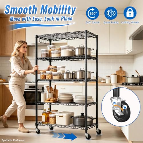 24" W x 18" D x 75" H Wire Storage Shelves with Wheels: 5 Tier Adjustable Metal Shelving Unit, NSF Heavy Duty Kitchen Bakers Rack, Rolling Pantry Shelf Organizer for Closet, Laundry, Garage - size: 24"W x 18"D x 75"H