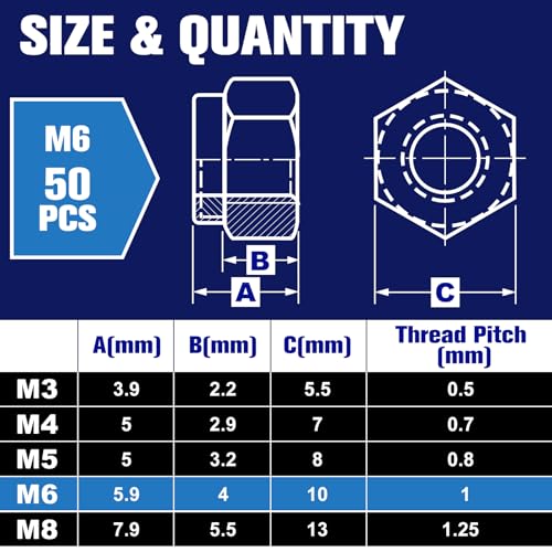 50Pcs M6 x 1.0mm Locknuts, Metric Self-Lock Nylon Inserted Hex Lock Nuts Black Zinc Plated 304 Stainless Steel Self Clinching Nut for Auto, Machine, Furniture, Tiny Nut with Storage Box - size: M6-Black