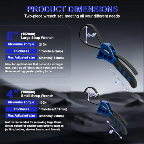 2-Piece Heavy-Duty Strap Wrench Set Upgrade, 4" to 6" Diameter - color: Blue