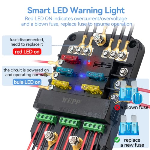 WUPP 12V Fuse Block with Relay, 6 Way Fuse Box with Acc Control, Universal Fuse Block and Relay Kit for Cars Trucks Marine Boat - size: 6 Way with Relay