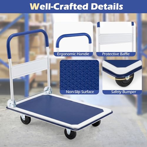 IRONMAX Foldable Push Hand Dolly with Swivel Wheels, 660 LBS Load Capacity - style: Blue+White 660lbs