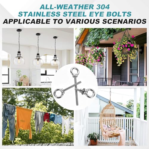 304 Stainless Steel Eye Bolt, M10x77mm (3/8"x3") Heavy Duty Eye Bolts with Nuts Washers, 2 Pack Lifting Ring Eye Bolt for Hanging String Lights Outdoor Tie Down - size: M10x77mm(3/8"x3")