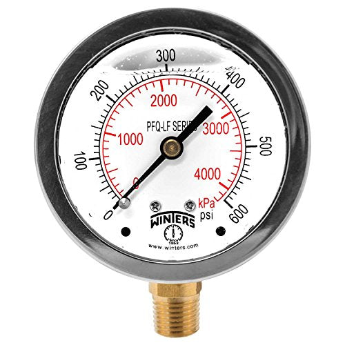 Winters 2-1/2" Dial Size, Liquid Filled Pressure Gauge, Potable Brass Internals, 304 Stainless Steel Case, Dual Scale 0-600 psi/kPa, 1.5% Acc, 1/4" NPT Bottom Mount, Drinking Water Pressure Gauge - style: 0/600 PSI/kPa