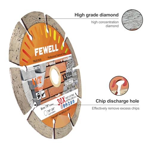 FEWELL 4 1/2 Inch Diamond Concrete Saw Blade,Segmented Concrete Blade for Angle Grinder Dry/Wet Cutting Masonry Brick Block Stone with 7/8"-5/8” Arbor - size: 4.5"