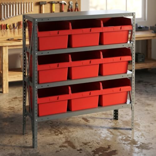 Quantum Storage 1239-SB809 Store-Max Steel Shelf Bin Organizer System, 9 8"H Hopper-Front Bins, 4-Shelf Unit, 400 lb Per Shelf, for Warehouse, Shop, Garage & Stockroom, 12"D x 36"W x 39"H, Red - size: 39" H x 36" W x 12" D, style: 12" L x 12" W x 8" H 9 S
