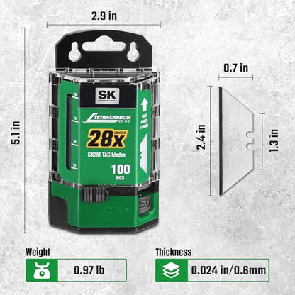 SK 100-Pack Utility Knife Blades, TAC Coated SK2M Steel for 28× Longer Life - style: 100-Pack