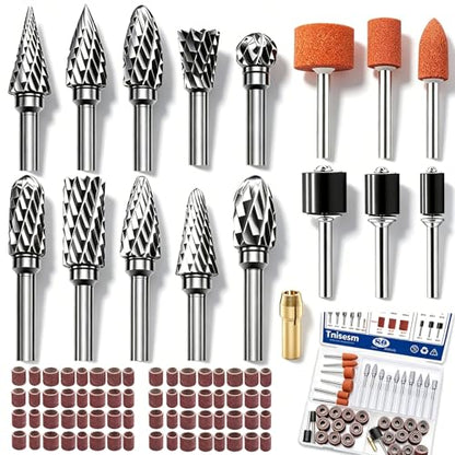 Tnisesm 80Pcs Carbide Rotary Burr Set for Dremel, Includes 10 Carbide Double Cut Carving Burr Bits 60 Aluminum Oxide Drum Sander Sanding Sleeves,6 Sanding Bits,Sanding Bits Tool Accessories - size: 15SIZE-80PCS