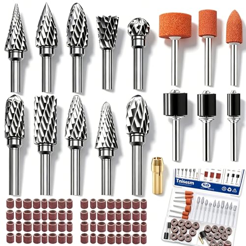 Tnisesm 80Pcs Carbide Rotary Burr Set for Dremel, Includes 10 Carbide Double Cut Carving Burr Bits 60 Aluminum Oxide Drum Sander Sanding Sleeves,6 Sanding Bits,Sanding Bits Tool Accessories - size: 15SIZE-80PCS