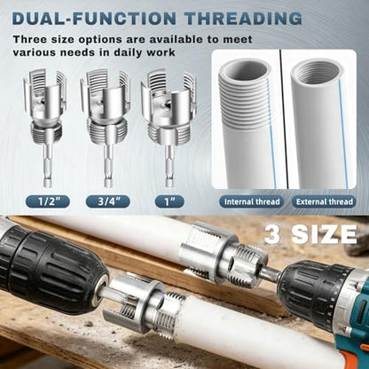 3Pcs Internal & External Pipe Threading Tool Set, 1/2" 3/4" 1" PVC Plastic Pipe Threader Kit, Electric Drill Compatible Thread Cutting Tool for Plumbing Repair & Household DIY Projects