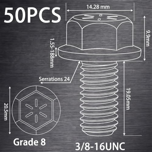 Shimeyao 50 Pcs 3/8-16 x 3/4" Grade 8 Hex Flange Bolts Yellow Zinc Plated Coarse Thread Alloy Steel Fasteners, Heavy Duty Hex Head Flange Screws for Automotive, Machinery, Trailer and RV, Repair - size: 3/8-16 x 3/4"