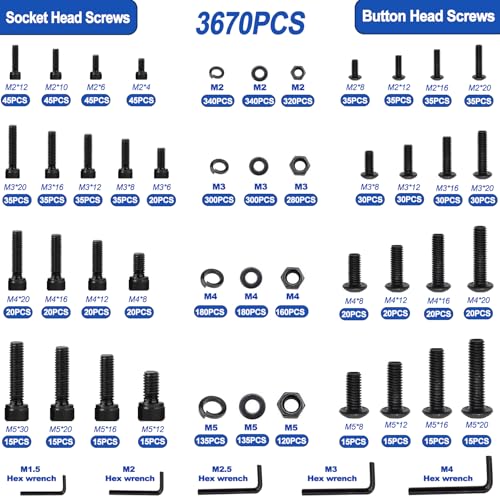 Taiss 3670PCS Metric Screw Assortment M2 M3 M4 M5 33 Sizes Button & Socket Head Screws,Hex Bolts and Nuts Kit Flat/Lock Washer, Metric Bolts and Nuts Assortment with Handheld Box - color: BK 3670PCS Metric Kit
