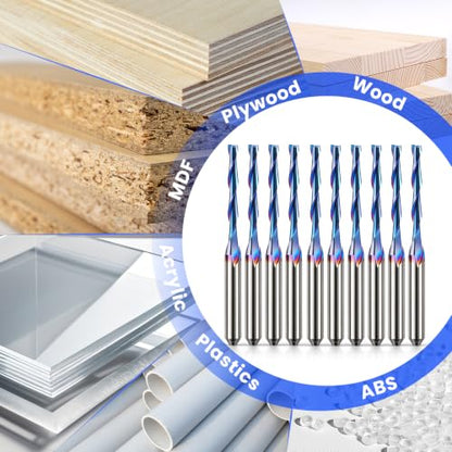 HQMaster 1/8" Shank CNC Router Bits 2 Flute Upcut CNC Bit End Mill 10pcs - size: 0.08"CED x 1/8"SD x 11/16"CEL x 1-1/2"OA