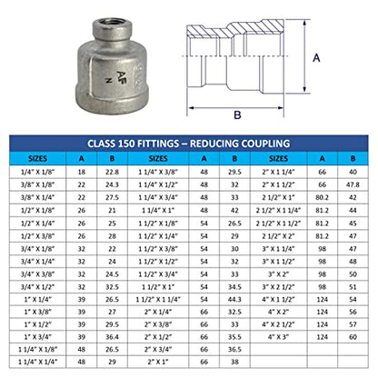 AF Hydro Stainless Steel SS316 Reducing Coupling Pipe Fitting, 3/4" NPT x 1/2” NPT Female Thread, Pressure Rating up to 150 PSI, Class 150 Reducer Connector Adapter, 2 pcs in a pack - size: 3/4" NPT x 1/2” NPT