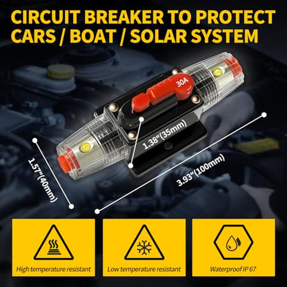 30 Amp Manual Reset Circuit Breaker DC 12-48V Waterproof Inline Fuse Holder, 3-15 AWG Overload Protection for Car Audio Sound Amplifier System RV Marine Boat Truck Solar (Pack of 2) - style: 30A
