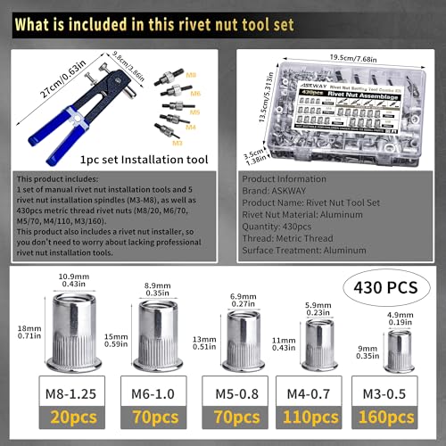 ASKWAY Pressure Rivet Nut Tool Kit, 430Pcs Aluminum Rivet Nut Combination