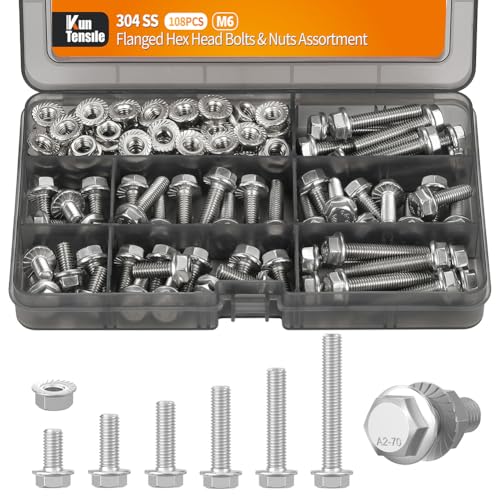 M6 Bolts and Nuts Assortment, 304 SS Flange Hex Bolts Flange Nuts 108pcs - color: Stainless Steel, size: M6