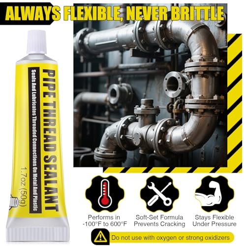 Threlaco 2 Pcs Soft Set Pipe Thread Sealant, 1-3/4 Ounce Non Hardening Paste with 2 Brush for Metal & Plastic Leak Proof, Temp Range -100°F to 600°F, Drip Resistant Ideal for Plumbing & HVAC