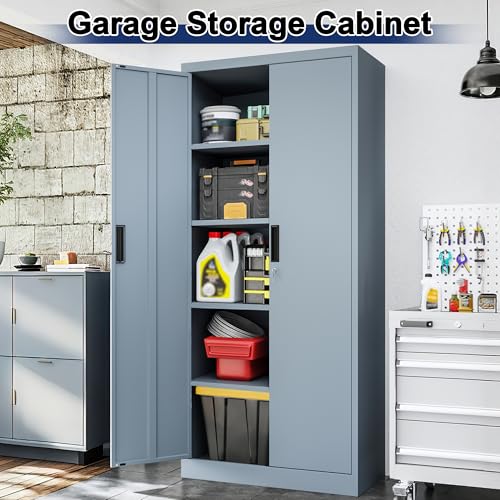 BESFUR Metal Storage Cabinet with 2 Doors and 4 Adjustable Shelves Garage Storage Cabinet with Lock 71" Office Storage Cabinets Locking Cabinets for Garage Office Shop Home (Gray) - color: Grey, size: 71"H x 31.5"W x 15.7"D