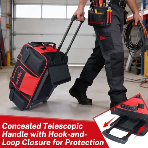MELOTOUGH Rolling Tool Bag with Wheels, Heavy Duty Large Tool Bag with Concealed Telescoping Handle, Multi-Pocket Organizer for Construction, Electrician, HVAC, Mechanic - 4 Carrying Options (Red) - style: Rolling Tool Bag Only
