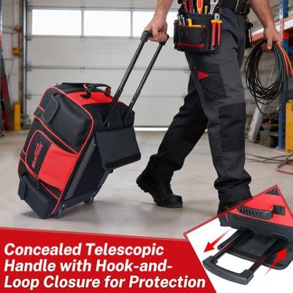 MELOTOUGH Rolling Tool Bag with Wheels, Heavy Duty Large Tool Bag with Concealed Telescoping Handle, Multi-Pocket Organizer for Construction, Electrician, HVAC, Mechanic - 4 Carrying Options (Red) - style: Rolling Tool Bag Only