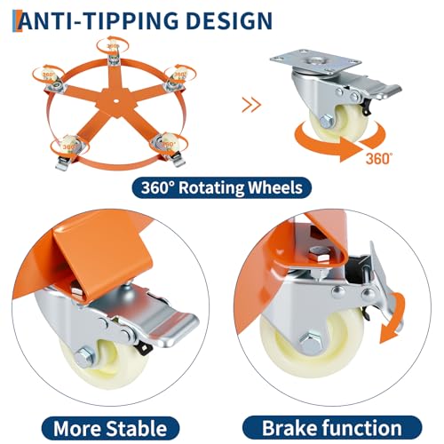 55 Gallon Heavy Duty Drum Dolly, 1,250 Pound Capacity,Barrel Dolly Cart Drum Caddy with Cross Braces & Swivel Casters Wheel,Non Tipping Design,Barrel Cart with Brake for Warehouse Drum Handling