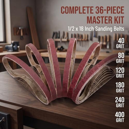 1/2 x 18 Inch Sanding Belts 36 Pack - 6 Each of 40/80/120/180/240/400 Grit