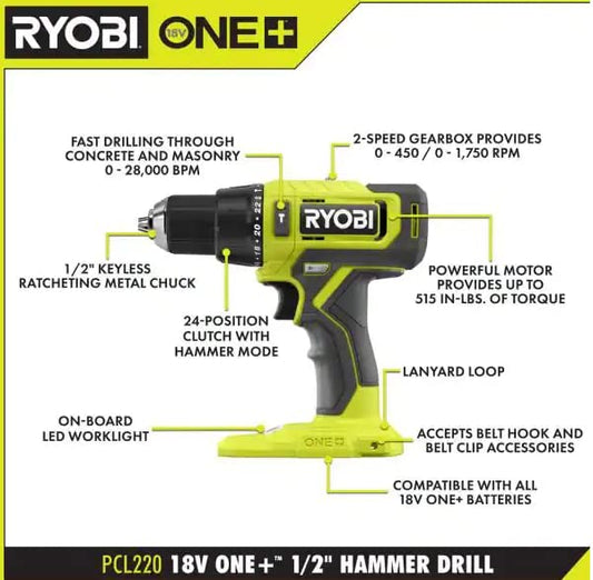 RYOBI ONE+ 18V Cordless 1/2 in. Hammer Drill - 515 in-lbs Torque, 0-1,750 RPM, Tool Only (Battery Not Included) - PCL220B