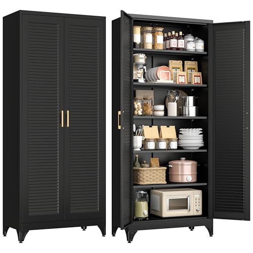 Polup 75" Pantry Cabinet, Tall Metal Storage Cabinet with Doors and Shelves - color: Black, size: 75"H - Louvered Door